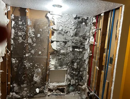 Bathroom wall demolition showing water-damaged plaster before a Houston bathroom remodel