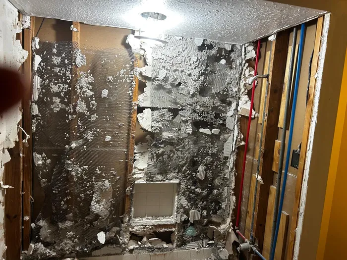 Bathroom wall demolition showing water damage before remodeling